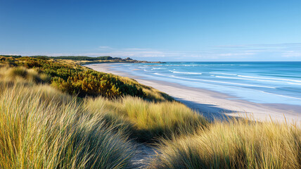 草むらと砂丘に囲まれた海岸線の風景
