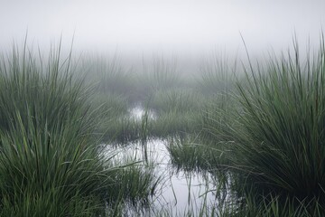 Misty marsh with tall grass