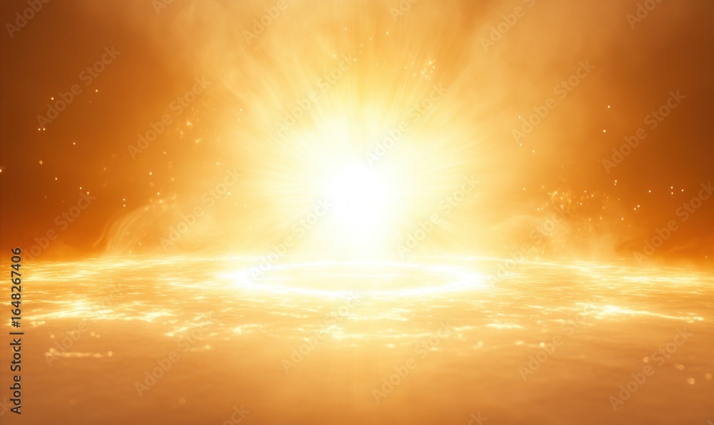 Poster bright glowing explosion of light with radiating rays and sparkling particles on an orange backgroun