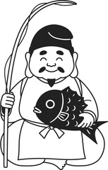 シンプルな恵比寿様のイラスト（白黒）