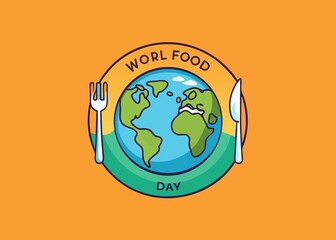 World Food Day Illustration with Globe Fork and Knife on Orange Background