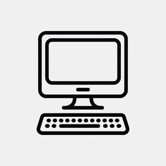 Minimal Line Art Computer Icon with Monitor and Keyboard Isolated on Light Background for Technology, Office, Internet, Web Design, or Education Use.