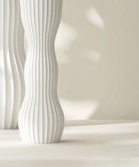 Modern, minimal empty white room with fluted, curved poles in sunlight for luxury, elegant fashion, beauty, cosmetic, skincare, body care product display background 3D