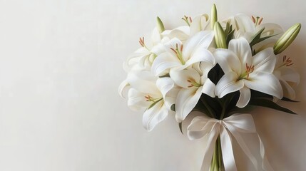Elegant bouquet of fresh white lilies with green leaves tied with a white ribbon on a soft light background conveying purity and serenity