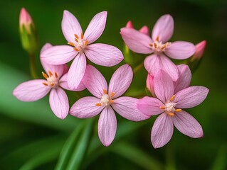 cluster of delicate pink star-shaped flowers with yellow-orange stamens and unopened buds against blurred green background