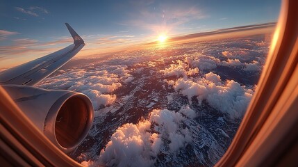 Airplane wing over sunset clouds from open window view, vast land below with serene floating atmosphere