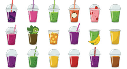 Assorted fruit and vegetable smoothies in plastic cups with straws