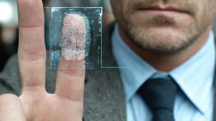 Digital fingerprint verification technology modern office security concept urban environment close-up view privacy protection