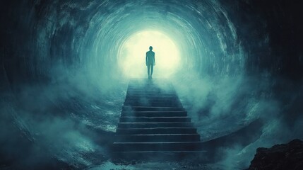 Silhouette of a person standing at the top of a dark staircase inside a misty tunnel with bright light at the exit creating an eerie and mysterious atmosphere