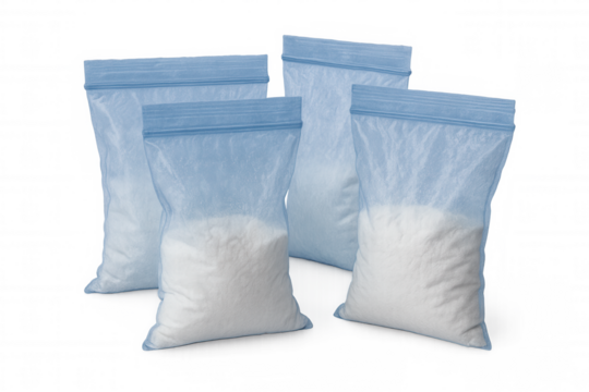 Transparent plastic zipper bags filled with white powdery substance, arranged against clear background