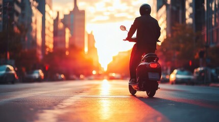 Person riding a motor scooter on a city street at sunset with glowing warm light and blurred urban background