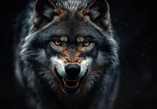 Close-up of a snarling gray wolf with glowing amber eyes in a dark, snowy environment expressing aggression and intensity - Powered by Adobe