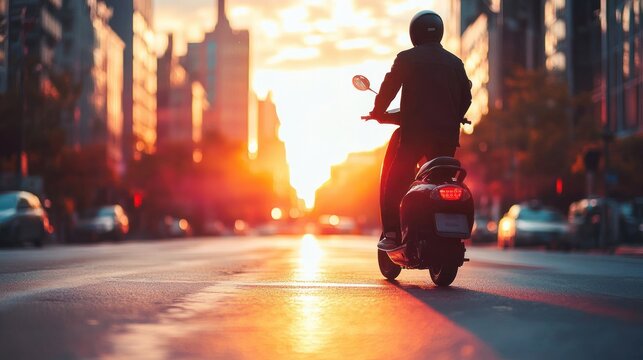Person riding a motor scooter on a city street at sunset with glowing warm light and blurred urban background - Powered by Adobe