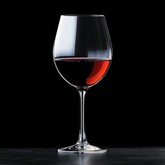 elegant glass of red wine filled halfway against a black background, showcasing reflections and smooth curves, evoking a calm and sophisticated atmosphere