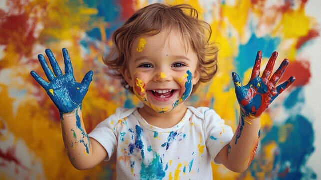 Happy toddler with curly hair covered in colorful paint showing painted hands in front of a bright multicolored background, expressing joy and creativity