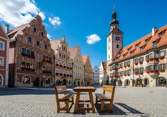 Oktoberfest Picturesque town square with historic buildings clock tower and empty wooden seating under a bright blue sky