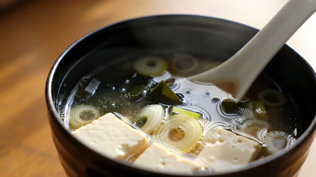 Close Up of Miso Soup with Tofu Seaweed and Scallions in Black Bowl on Wooden Surface Featuring Natural Lighting