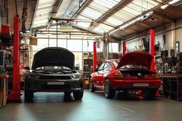 Two cars in a spacious garage with hoods open undergoing maintenance and repair under bright natural and artificial lighting