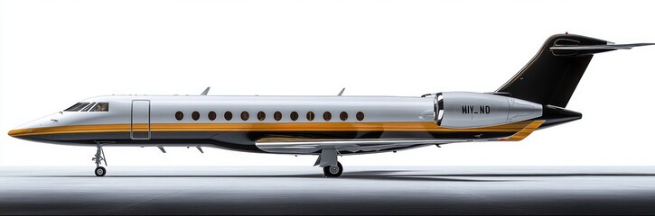 Fototapeta premium sleek private jet with polished metallic silver and black body accented by gold stripes parked on tarmac under bright lighting