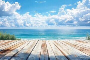 Fototapeta premium sunny coastal scene with clear blue sky, fluffy clouds, calm ocean waves, and a wooden deck overlooking the sea with greenery on the sides