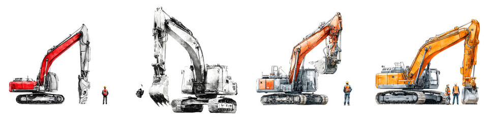 Excavator Illustrations - Set of Four Construction Equipment Drawings