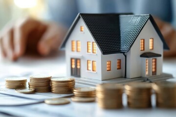 Miniature model house with glowing windows and stacks of coins on a table, symbolizing real estate investment and financial growth with a hand in the background