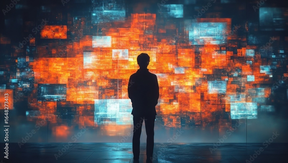 Poster silhouette of a person standing before a large digital display of glowing orange and blue rectangula