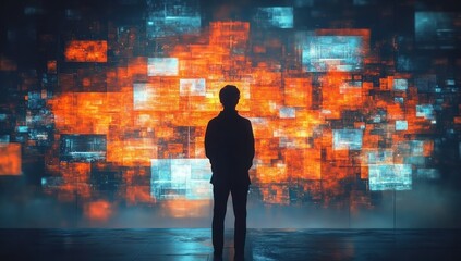 Silhouette of a person standing before a large digital display of glowing orange and blue rectangular data blocks in a dark room, evoking a mood of contemplation and immersion in technology