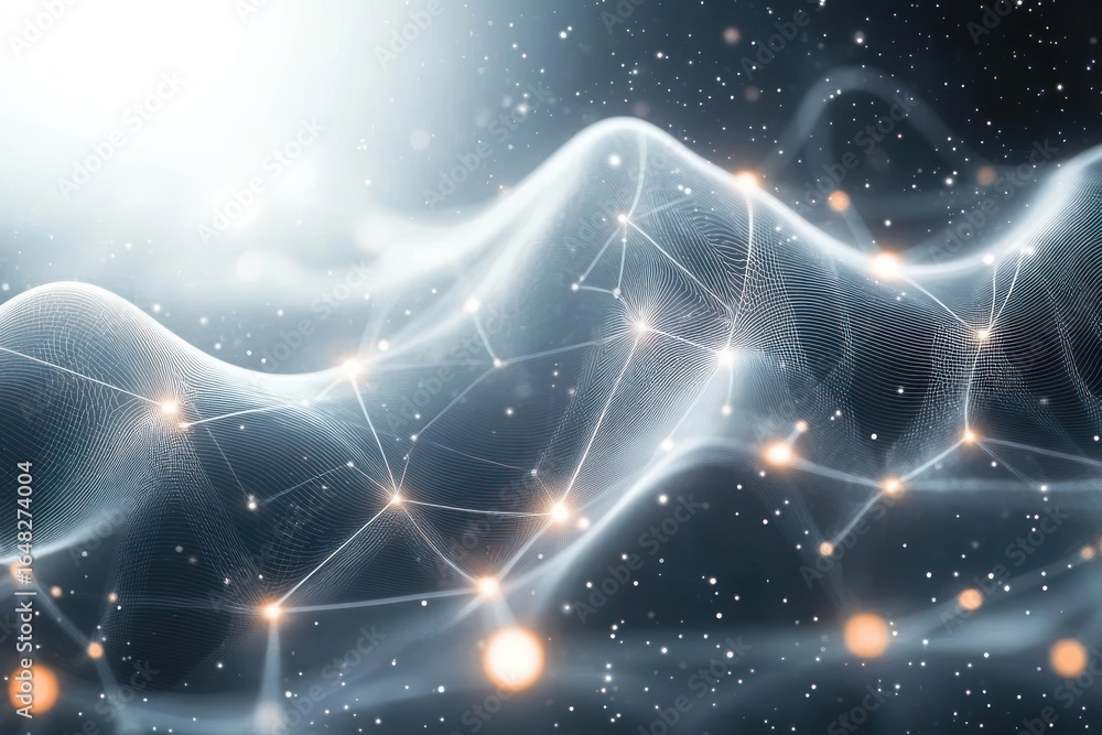 Poster abstract futuristic 3d wave mesh with glowing nodes floating in a dark space filled with small light