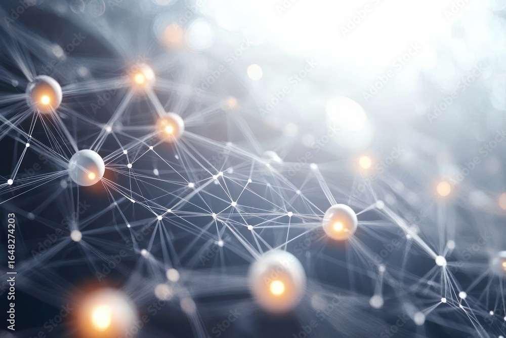 Poster abstract network of interconnected glowing nodes and lines creating a futuristic and complex web str
