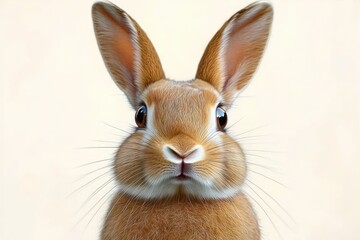Fototapeta premium Close-up of a curious light brown rabbit with large ears and bright eyes against a soft beige background