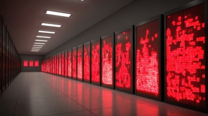 Data processing action inside a high-tech server room digital visualization modern environment futuristic viewpoint