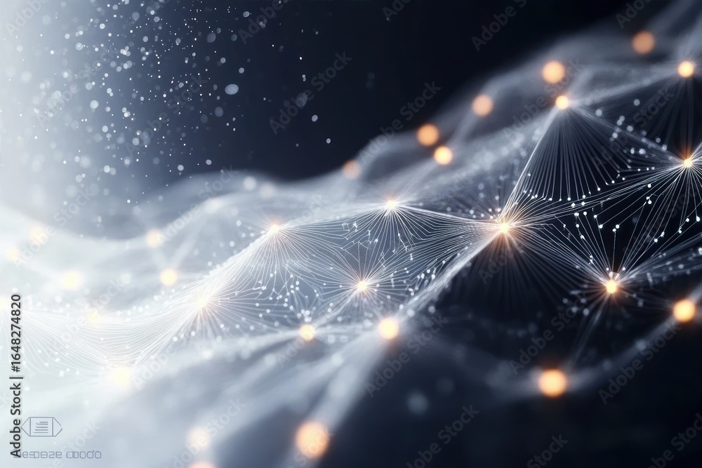 Aufkleber abstract digital network with glowing nodes connected by fine lines forming a wave-like mesh on a da