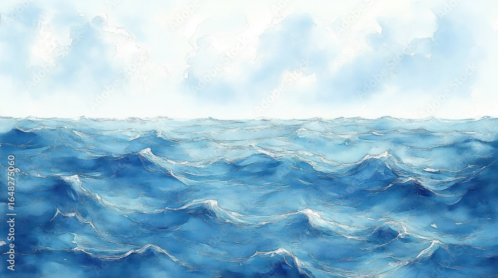 Poster calm ocean waves under a bright cloudy sky with soft sunlight creating a peaceful and serene atmosph