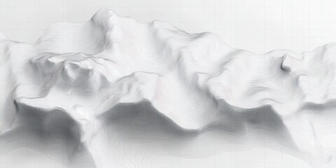 Abstract topographic map showing detailed mountain ranges with contour lines creating a three-dimensional terrain effect in monochrome