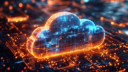 Glowing digital cloud icon representing cloud computing on a futuristic circuit board with vibrant blue and orange lights