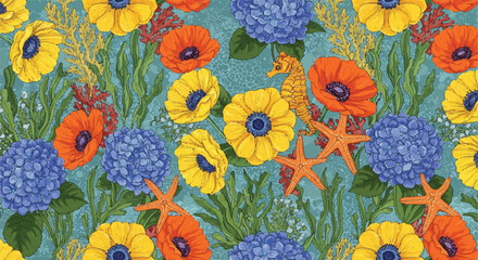 Colorful floral pattern with sea creatures