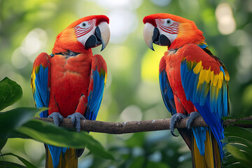 Obraz premium Vibrant Macaws in Lush Rainforest Canopy