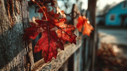 Framed view of red oak leaves near aged wooden gate
