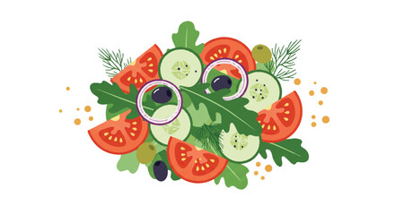 Colorful salad with tomatoes, cucumbers, olives, onions, dill and arugula
