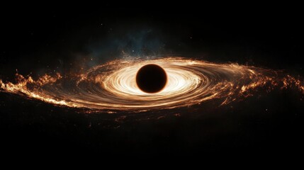 Dark black hole surrounded by bright glowing orange swirling accretion disk in outer space with distant stars