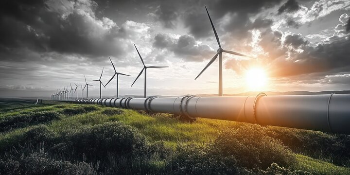 Large metallic pipeline stretching into the distance with wind turbines alongside under a dynamic cloudy sky at sunset over green grassland