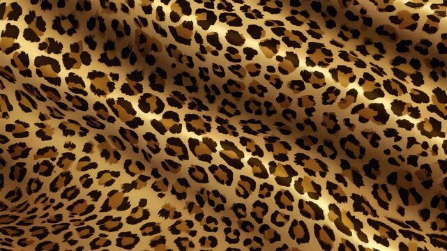 Luxurious flowing leopard print fabric waves with golden light, dynamic fashion textile motion
