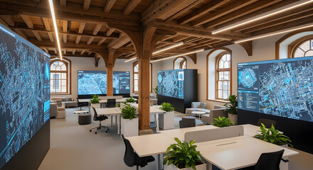 A collaborative AI technology workplace designed as a modern innovation hub with large data visualization screens.