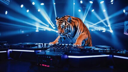 Wild DJ Tiger spins beats under dazzling blue club lights, creating an electrifying, energetic atmosphere for your next project.