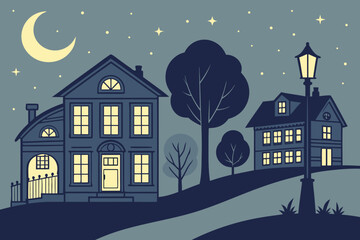 Charming suburban street scene unfolds under a luminous crescent moon and starry night sky, showcasing cozy homes with glowing windows and a vintage lamppost casting warm light.