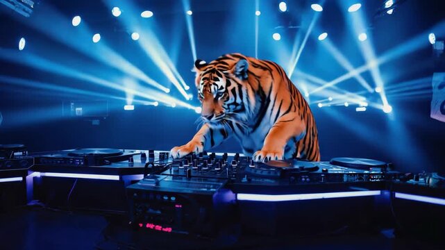 Wild DJ Tiger spins beats under dazzling blue club lights, creating an electrifying, energetic atmosphere for your next project. - Powered by Adobe