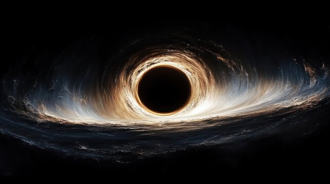 A glowing black hole with a bright accretion disk of swirling light and gas against a dark space background, evoking awe and cosmic mystery