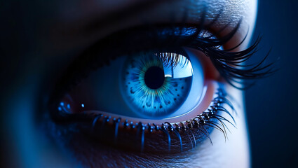 Fototapeta premium Detailed Blue Human Eye with a Bright Reflection. A High-Quality Photorealistic Close-up of an Iris and Eyelashes