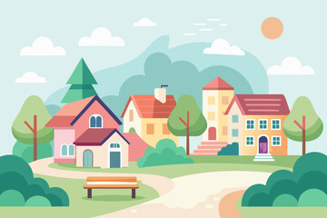 Charming village scene with colorful houses, lush trees, and a peaceful park bench under a gentle sun and sky, creating a serene modern lifestyle.